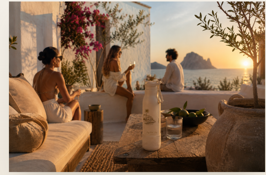 Mediterranean luxury resort terrace at golden hour