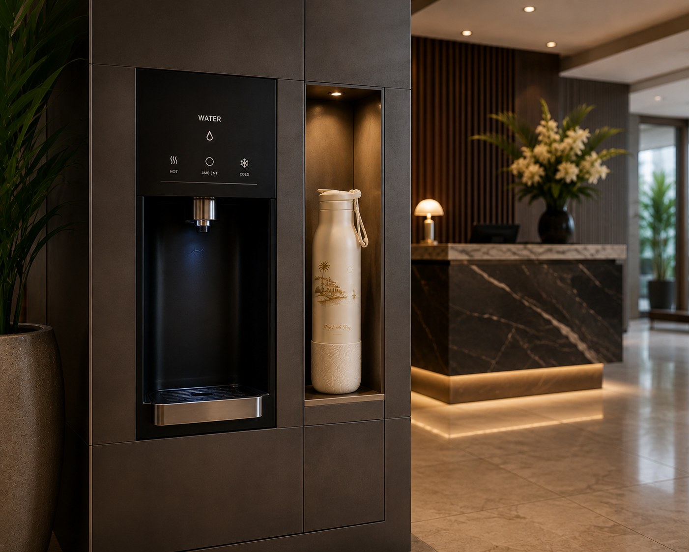 Filtered water refill station in a beige marble hotel corridor